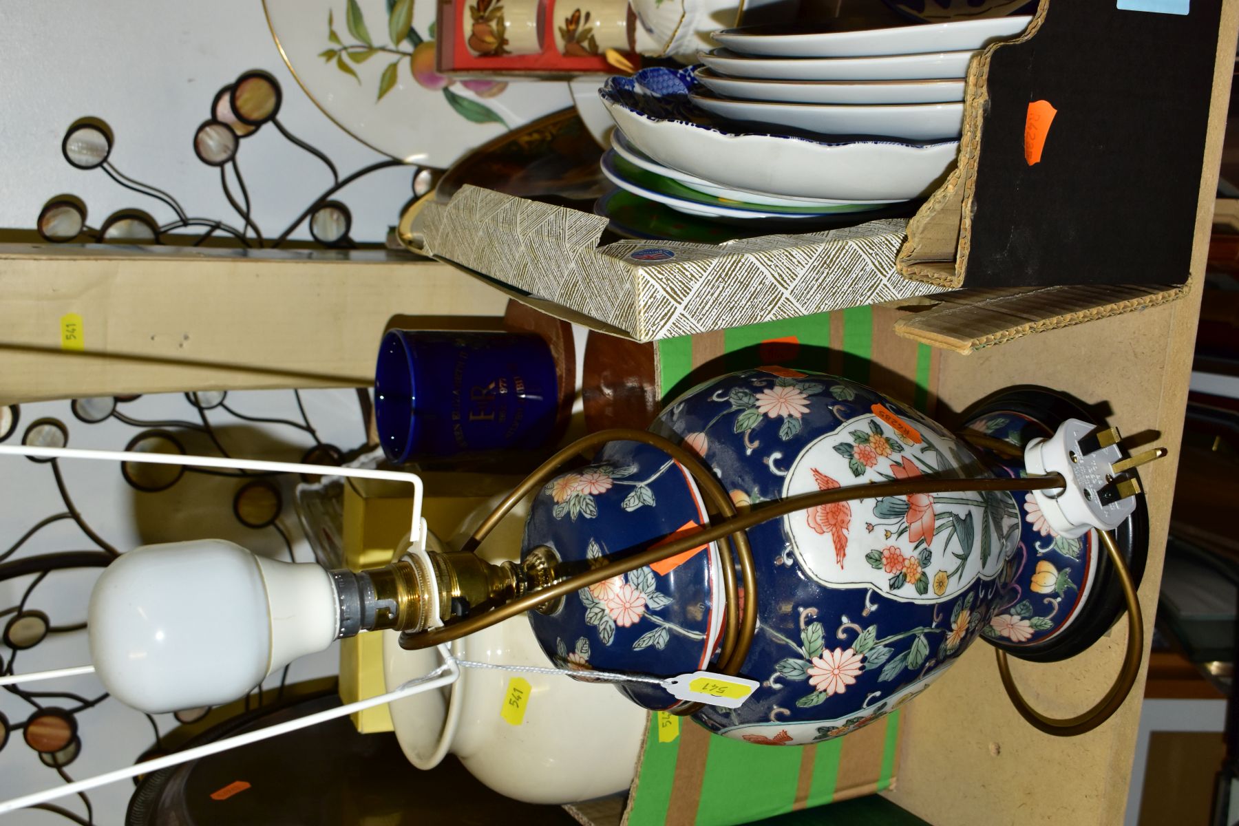 FOUR BOXES AND LOOSE CERAMICS, FISHING EQUIPMENT, GLASS, METALWARES, ETC, to include two lamps, - Image 4 of 12