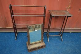 A GEORGIAN MAHOGANY SWING MIRROR with three drawers, a single mahogany Quartetto table and a towel