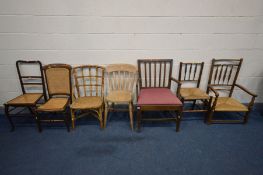 SEVEN VARIOUS PERIOD CHAIRS, to include a Georgian spindle back open armchair, two Welsh elm rush