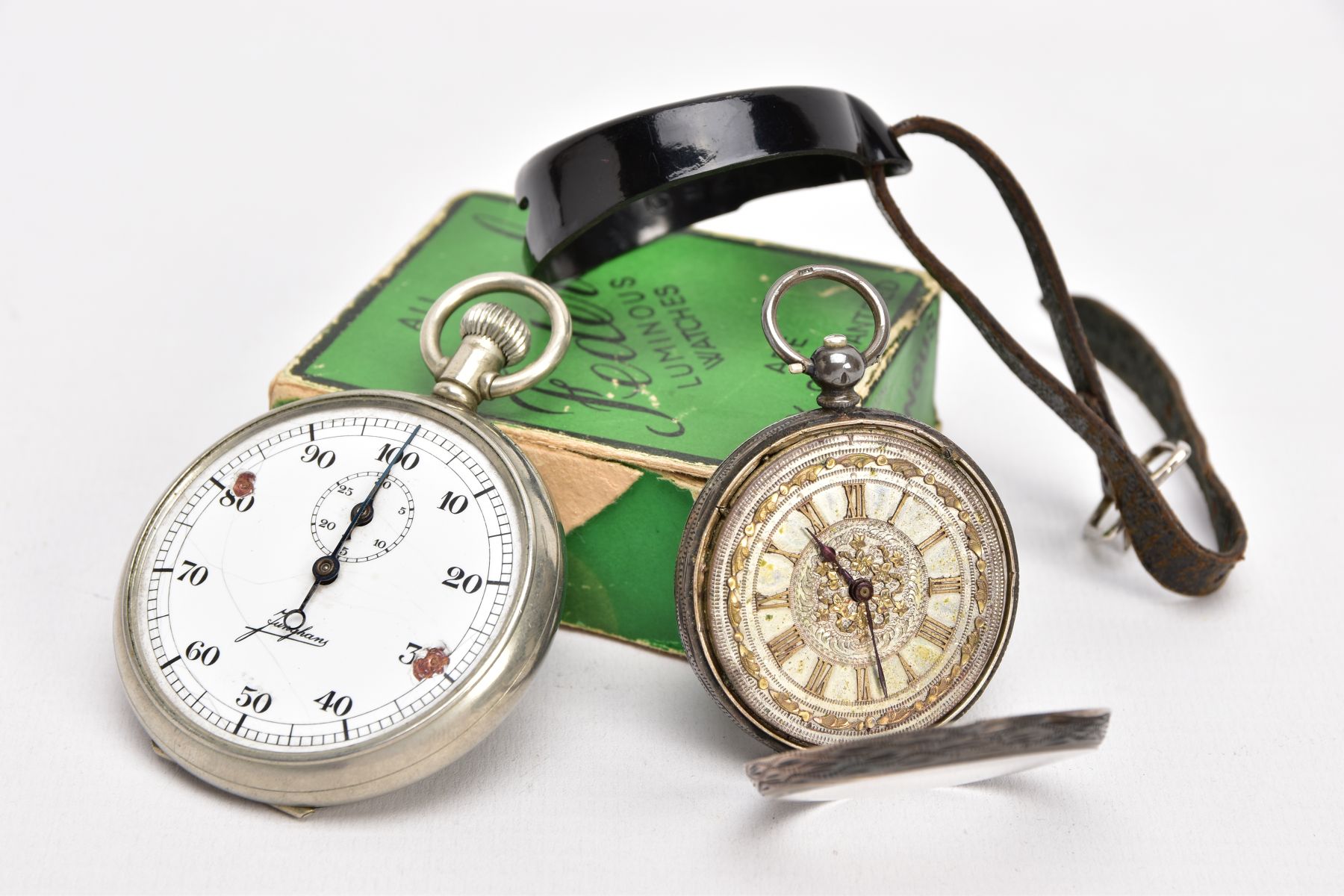 A SILVER OPEN FACE POCKET WATCH, A STOP WATCH AND AN ALBERT CHAIN, the pocket watch with a round - Image 3 of 6