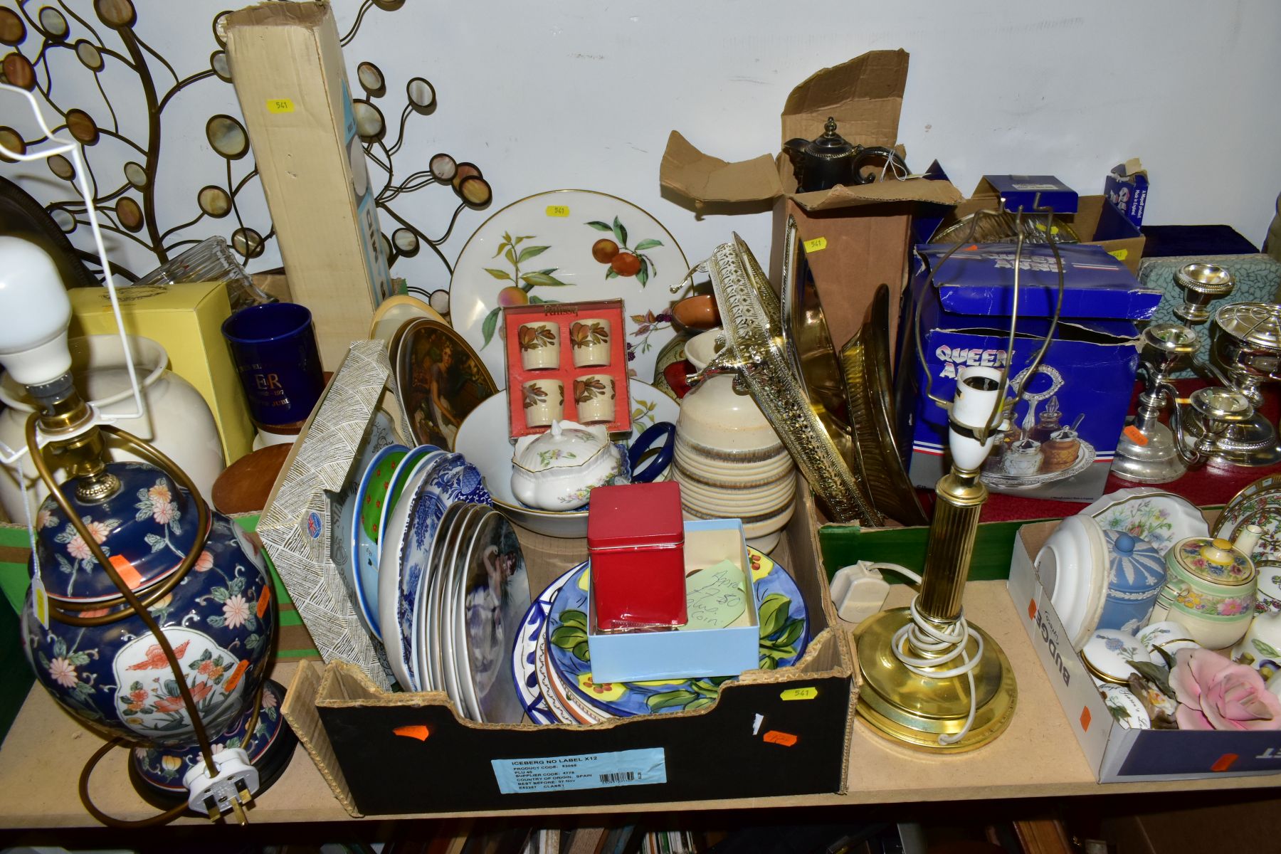 FOUR BOXES AND LOOSE CERAMICS, FISHING EQUIPMENT, GLASS, METALWARES, ETC, to include two lamps,