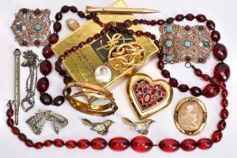 A SELECTION OF MAINLY COSTUME JEWELLERY, to include two graduated faceted red plastic bead