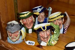 FIVE SMALL ROYAL DOULTON CHARACTER JUGS, Gladiator D6553, Captain Hook D6601, Regency Beau D6562,