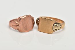 TWO 9CT GOLD SIGNET RINGS, a rose gold shield shaped head which has very worn engravings to the
