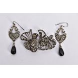 A PAIR OF WHITE METAL MARCASITE AND ONYX EARRINGS, AND A WHITE METAL MARCASITE CLIP BROOCH, the pair