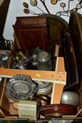 THREE BOXES AND LOOSE LAMPS, LINEN, METALWARES etc to include Orvit bon bon dish, tankards and other