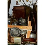 THREE BOXES AND LOOSE LAMPS, LINEN, METALWARES etc to include Orvit bon bon dish, tankards and other