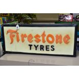 A REPRODUCTION PLASTIC FIRESTONE TYRES LIGHT BOX ADVERTISING SIGN, orange and black lettering on a
