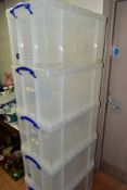 FIVE 84 LITRE 'REALLY USEFUL BOX' STORAGE BOXES, measuring approximately 64cm x 36cm x 40cm, clear