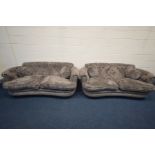 JOHN SANKEY, A TWO PIECE GREY VELVET UPHOLSTERED LOUNGE SUITE, with rounded back corners, and