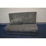 A GREY UPHOLSTERED FUTON, width 146cm x open length 194cm x bed height 44cm