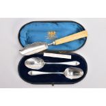 A CASED SET OF TWO SILVER TEASPOONS AND A SINGLE SILVER FISH KNIFE, bright cut teaspoons, engraved