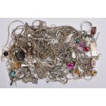 A BAG OF ASSORTED WHITE METAL JEWELLERY, to include some entangled white metal chains, some with
