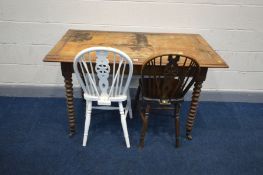 A VICTORIAN OAK TABLE, with a later top, missing inlay top, the base with two drawers at each end