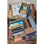 FOUR BOXES OF BOOKS AND A BOX OF CIGARETTE CARDS, the books to include dictionaries, religious