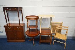 A SELECTION OF OCCASIONAL FURNITURE, to include a yew wood two door tape cabinet (key) mahogany hall