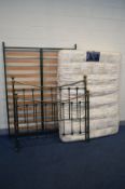 A 4FT 6 SILENT NIGHT POCKET SPRUNG MATTRESS together with a green and brassed bed stead (condition -