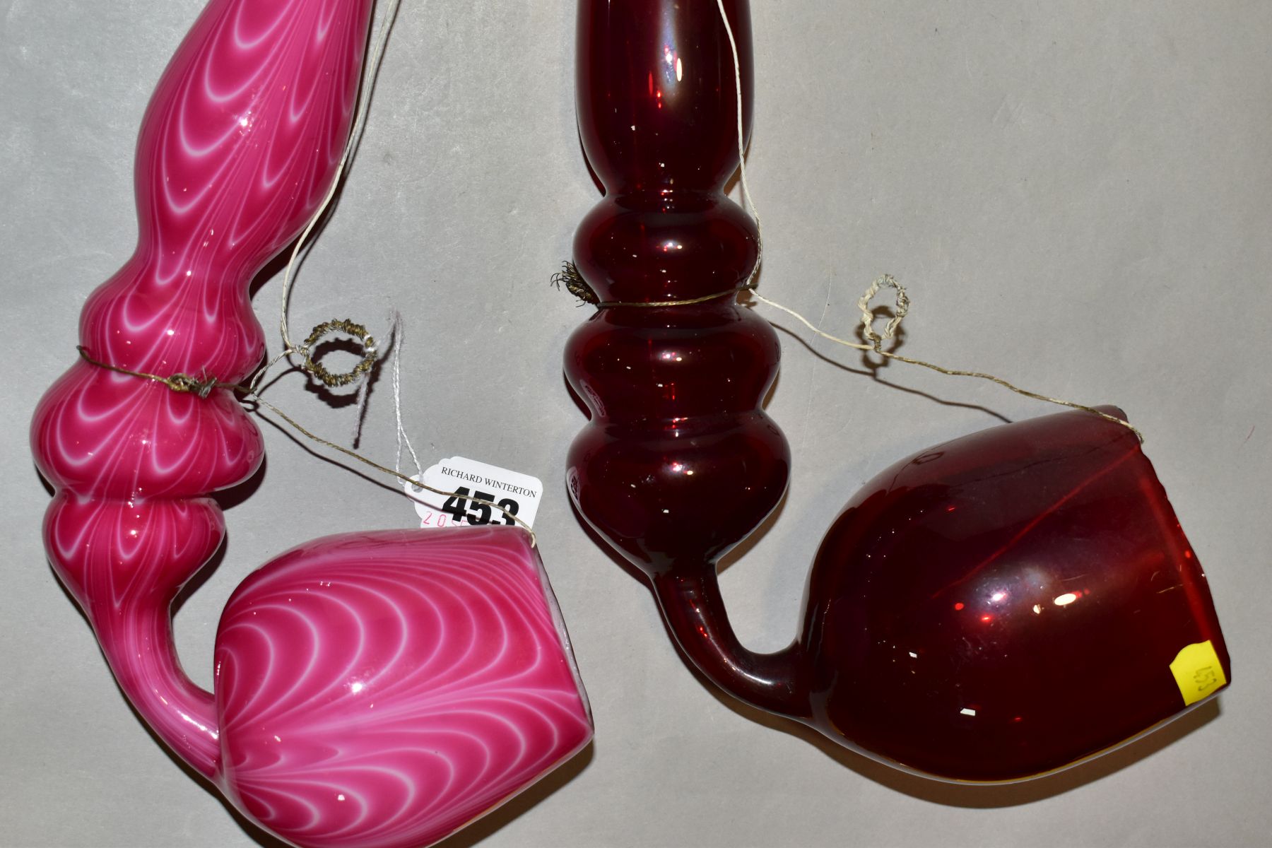 TWO 19TH CENTURY COLOURED GLASS OVERSIZED PIPES, one in ruby glass, the other in opaque pink with - Image 6 of 15