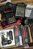 A BOX OF TOOLS, CALCULATORS AND MATHEMATICAL EQUIPMENT, to include Osborn HSS cutting tools, vintage