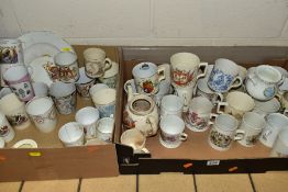 TWO BOXES OF VICTORIAN AND LATER ROYAL COMMEMORATIVE CERAMICS, including two enamel beakers dated