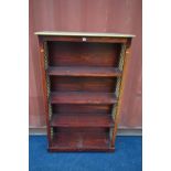 A HARDWOOD OPEN BOOKCASE with iron sides, width 90cm x depth 30cm x height 150cm (the item in this