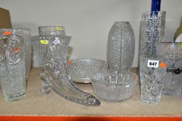 TEN LARGE PIECES OF CUT CRYSTAL GLASSWARES comprising Corncupia shaped vase, height 22cm, length