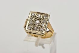 AN EARLY 20TH CENTURY 18CT GOLD, DIAMOND SIGNET RING, of a square textured form, set with eleven old