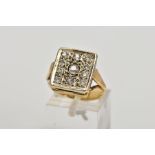 AN EARLY 20TH CENTURY 18CT GOLD, DIAMOND SIGNET RING, of a square textured form, set with eleven old