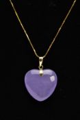 A LAVENDER JADE PENDANT NECKLACE, carved lavender jade heart shape pendant, fitted with a yellow