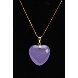 A LAVENDER JADE PENDANT NECKLACE, carved lavender jade heart shape pendant, fitted with a yellow