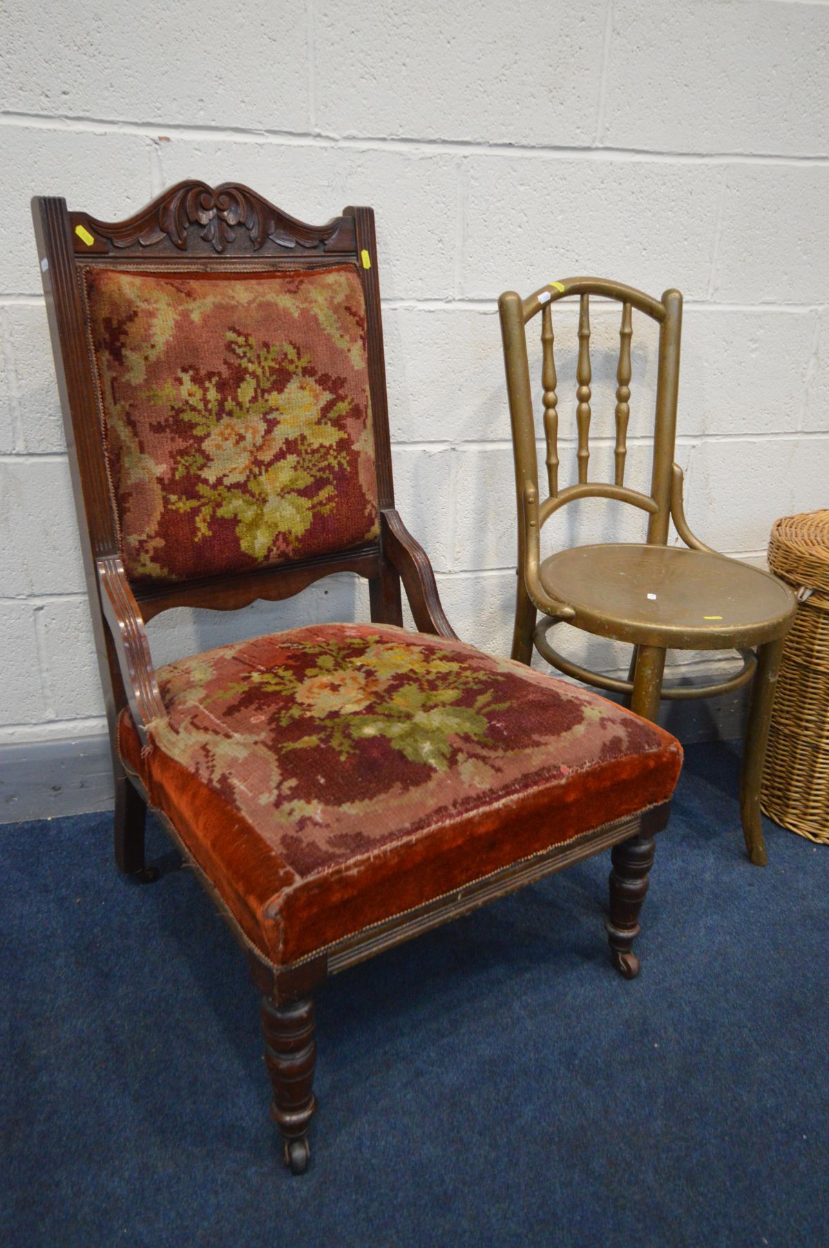 AN EDWARDIAN WALNUT PARLOUR CHAIR, a mahogany corner cupboard, gilt painted bentwood chair, two - Image 2 of 4