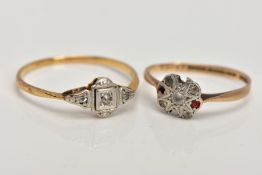 TWO GEM SET RINGS, the first an early 20th century diamond ring, art deco design with a central rose