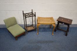 FOUR VARIOUS PIECES OF OCCASIONAL FURNITURE, to include a oak stool, beech dressing stool, oak