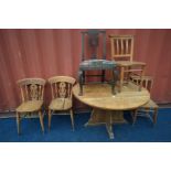 AN OAK DROP LEAF TABLE, two pairs of beech kitchen chairs (Sd) and a Georgian Chippendale style