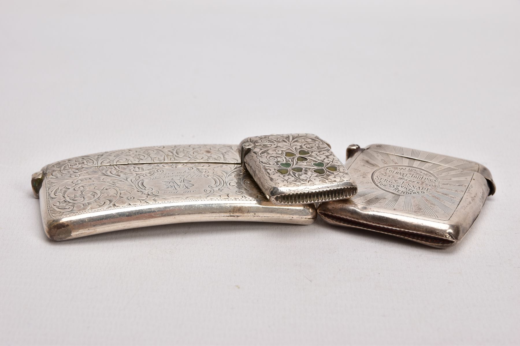 A SILVER CARD CASE AND TWO VESTAS, the card case decorated with an engraved foliate design and - Image 4 of 5