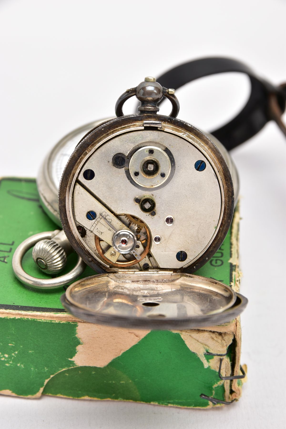 A SILVER OPEN FACE POCKET WATCH, A STOP WATCH AND AN ALBERT CHAIN, the pocket watch with a round - Image 5 of 6