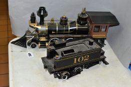 AN UNBOXED BACHMANN SPECTRUM G SCALE 2-6-0 MOGUL LOCOMOTIVE AND TENDER, No 102, Kansas Central lined