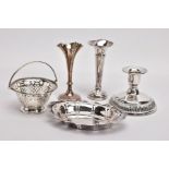 FIVE ITEMS OF SILVERWARE, to include a silver Edwardian bud vase, the fluted stem leading to a