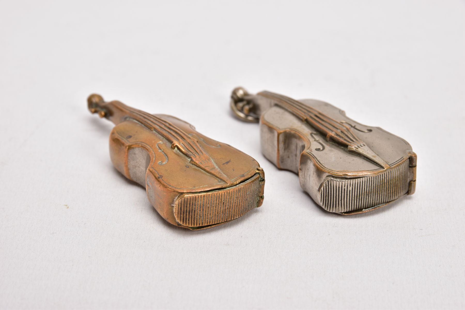 TWO BRASS VIOLIN VESTA CASES, both with hinged sprung striker bases, one with suspension loop, - Image 4 of 5