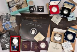 A BOX CONTAINING COINS AND COMMEMORATIVES to include a box 1986 silver proof Commonwealth Games