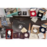 A BOX CONTAINING COINS AND COMMEMORATIVES to include a box 1986 silver proof Commonwealth Games