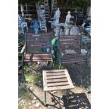 A PAIR OF CAST IRON AND SLATTED GARDEN CHAIRS width 62cm (Sd) and a similar occasional table (3)