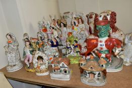 A QUANTITY OF 19TH CENTURY STAFFORDSHIRE CERAMIC FIGURES AND ANIMALS to include Highland figures