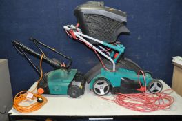 A BOSCH ROTAK 370 ERGOFLEX LAWN MOWER with grass box and a Powerbase electric Scarifier (both PAT