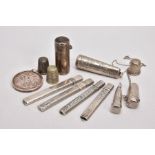 A SELECTION OF SILVER ITEMS, to include four silver pencil cases, each fitted with a pencil, all