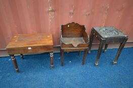 A VICTORIAN MAHOGANY BIDET, along with an oak bookstand, on square legs, and a carved oak occasional