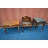 A VICTORIAN MAHOGANY BIDET, along with an oak bookstand, on square legs, and a carved oak occasional