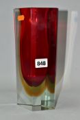 A MURANO FACETED GLASS VASE, clear glass with red and orange Sommerso, rhombus shape, height 26cm (