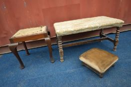 AN OAK BOBBIN TURNED DUET STOOL, along with an oak piano stool and a footstool (3) (the items in