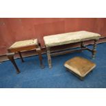 AN OAK BOBBIN TURNED DUET STOOL, along with an oak piano stool and a footstool (3) (the items in